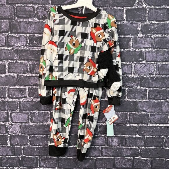 Rudolph Small 6/6x Reindeer Santa Pajamas & Fluffy Socks PJ Set Check Pattern - Picture 1 of 12